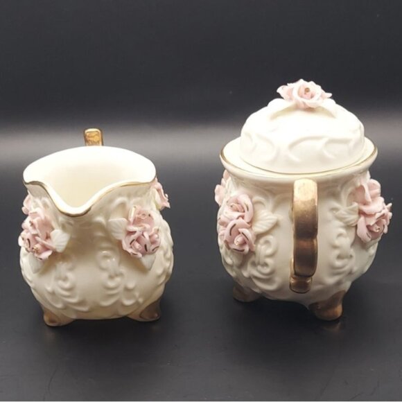 Cracker Barrel 6-Piece Porcelain Capodimonte Tea Set Gold Accents Pink Roses - Picture 11 of 14